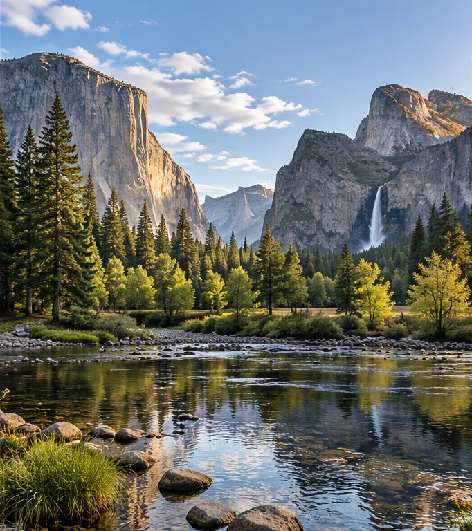 Granite cliffs and river in Yosemite Valley